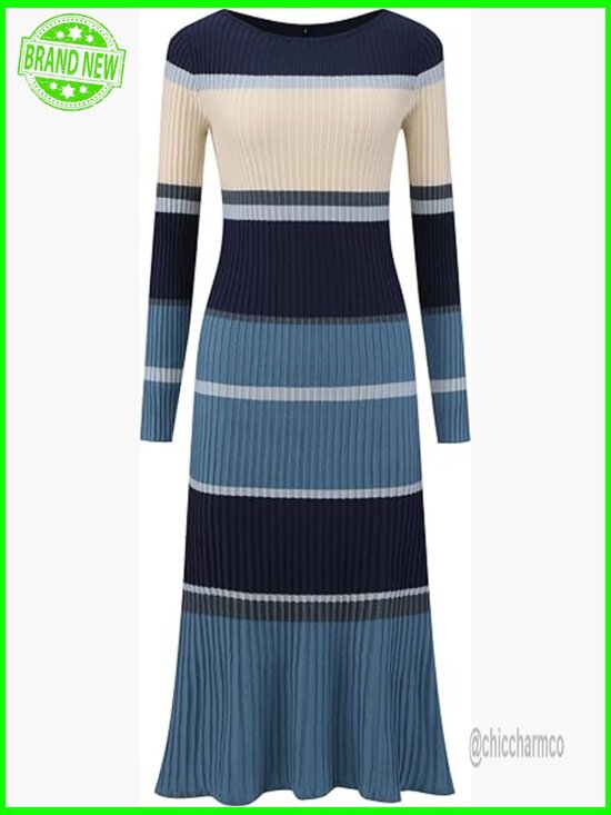 Dresses & Skirts - Striped Sweater Dress Long Sleeve Ribbed Knit Bodycon Midi Work Casual